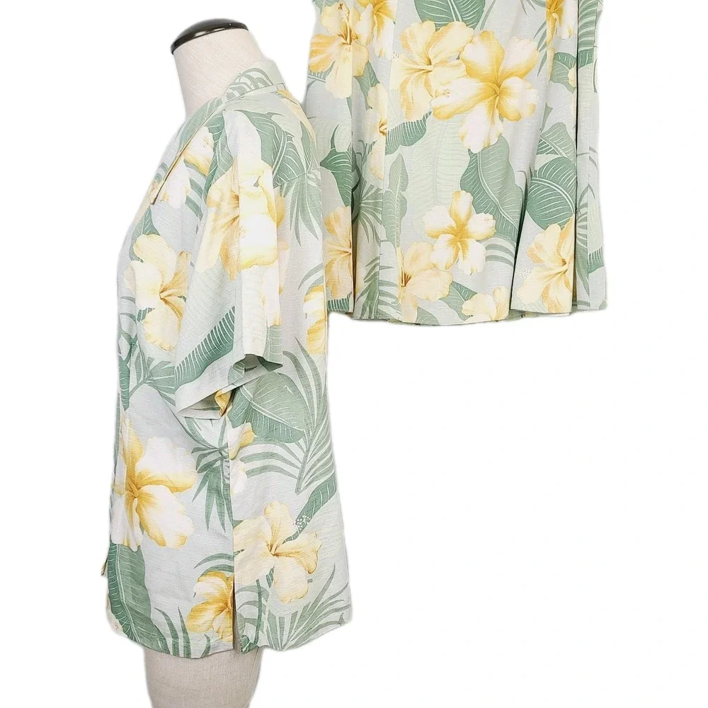 Hilo Hattie Top Skirt Set XL Green Yellow Floral Hawaiian Tropical Button-Front